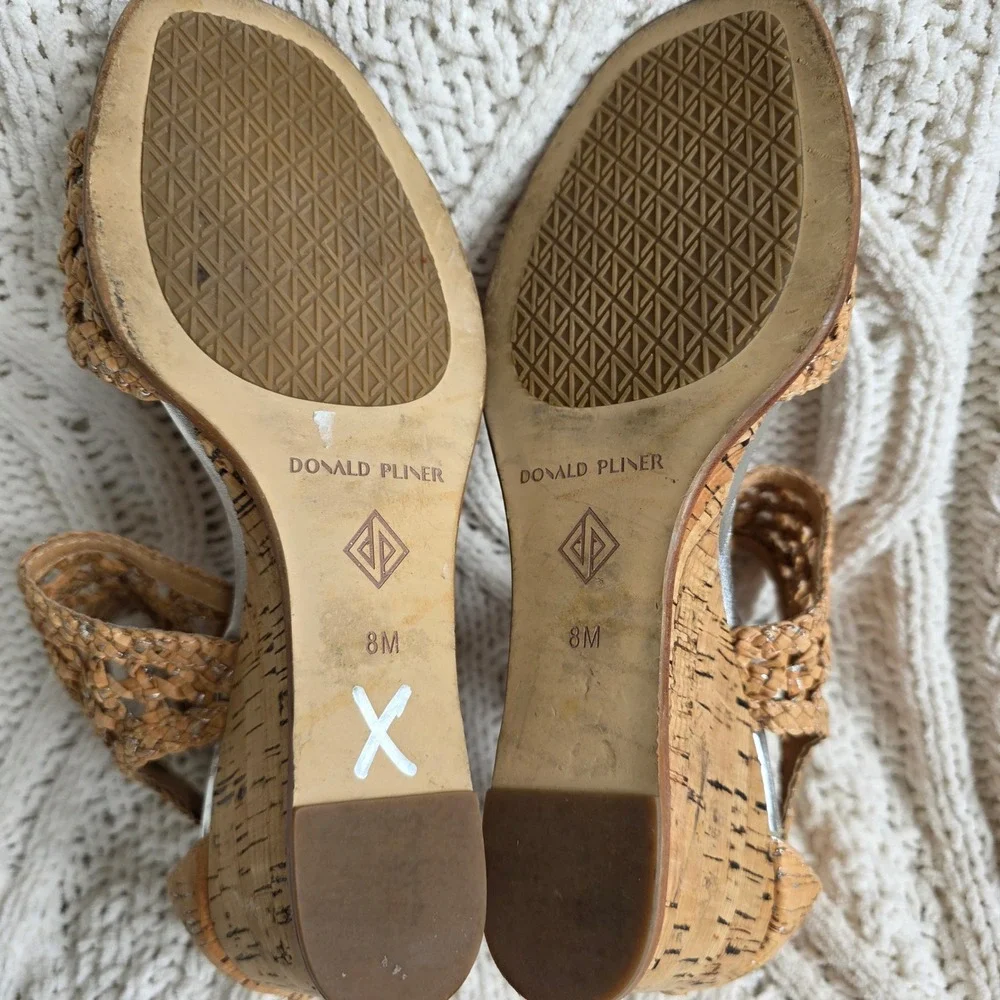 Donald Pliner Lagos Cane Wedge Sandals Cork Woven Strappy Silver Size‎ 8M